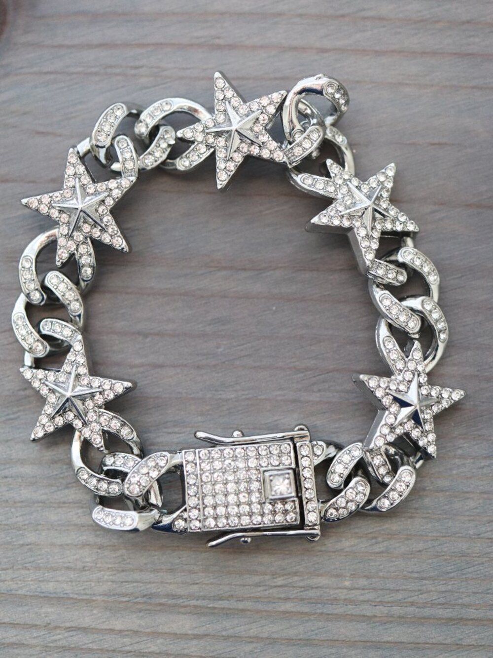 Stars & Cuban Ice Round Curb Diamond Chain Bracelet with Rhinestones Silver Plat
